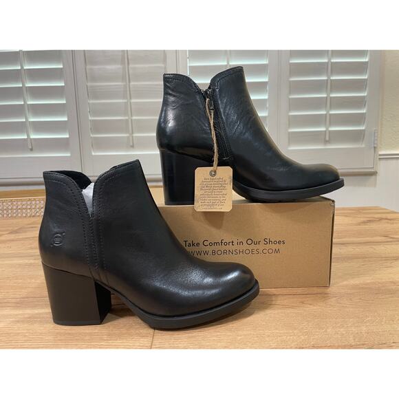 BORN Women's Olivia Black Booties Black Leather Size 6 NIB Tailored Block Heel - Picture 3 of 12